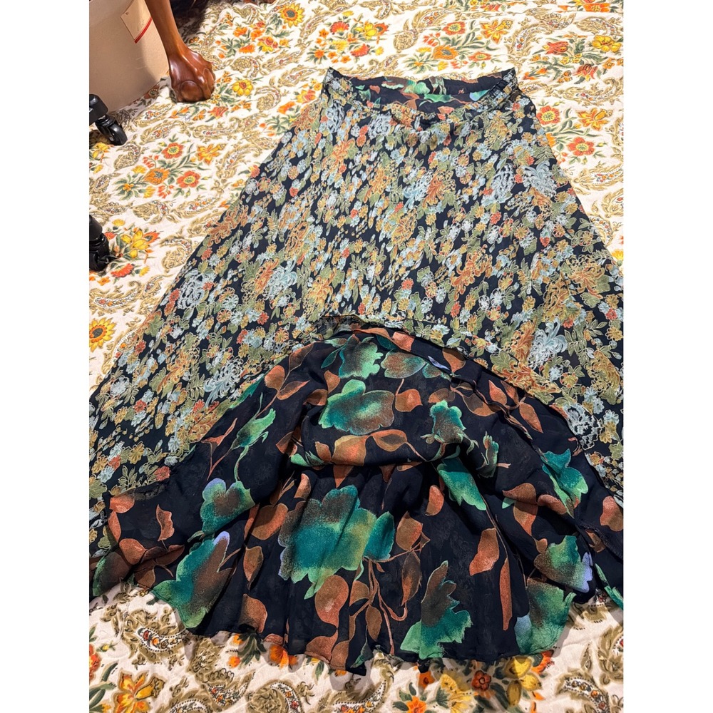 Vintage Reversible Floral Rayon Maxi Skirt Black Green Long Skirt - M / L